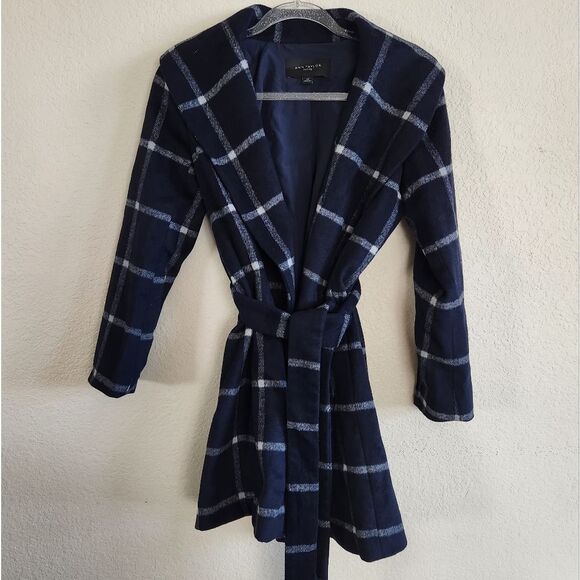 Ann Taylor Navy Plaid Women's Coat Xs Petite - Picture 1 of 8